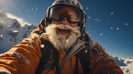 Santa Claus skiing in winter scenery.