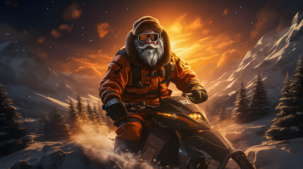 Santa Claus in winter attire riding a snowmobile on powder snow while the sun sets - obrazy, fototapety, plakaty