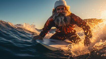 A smiling Santa Claus on a wave on a surfboard in the rays of the setting sun. Generative AI - obrazy, fototapety, plakaty