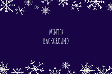 Vector winter poster with snowflakes. Minimalistic banner, placard. Winter season. Blue isolated background. 