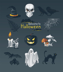 Vector realistic set of happy halloween elements hat, skull, crow, raven, pumpkin, ghost, spiderweb, mushrooms, candles, banner template isolated on background