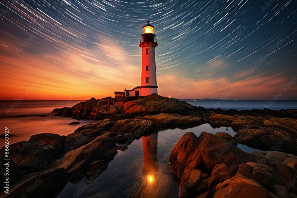Wall mural lighthouse on the seashore. background with selective focus and copy space