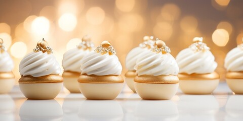 White and gold colored luxury elegantly sweets at Christmas with cozy blur background