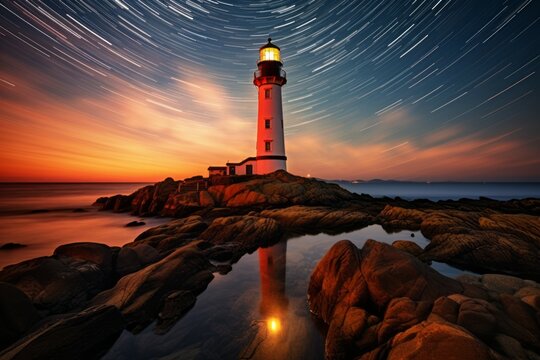 Lighthouse on the seashore. Background with selective focus and copy space