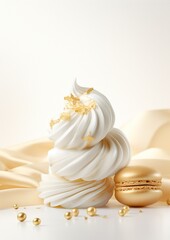 White and gold colored luxury elegantly meringue at Christmas with cozy blur background