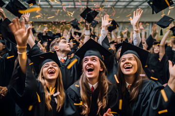 Obraz premium Graduates throwing confetti in the air with ecstatic expressions, Celebration and Victory 