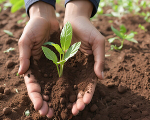 Commemorative image of World Soil Day (WSD). Hands holding a small plant about to be planted in the ground
