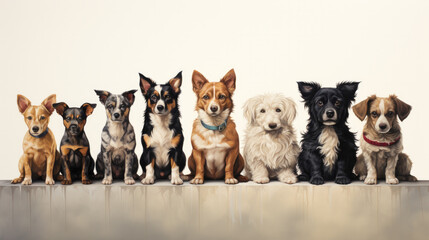 Fototapeta na wymiar Eight dogs sitting next to each other isolated on white background