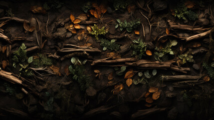 Forest floor in the forest with fallen trees and leaves