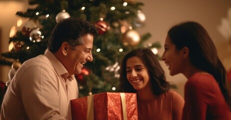 Hispanic Family Festivities In Living Room Christmas Background Generative AI