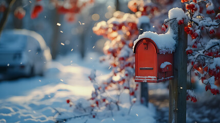 The mailbox is covered with snow. Frosty winter weather. Christmas time for sending letters. Snow-covered forest in the background. Generative AI - obrazy, fototapety, plakaty