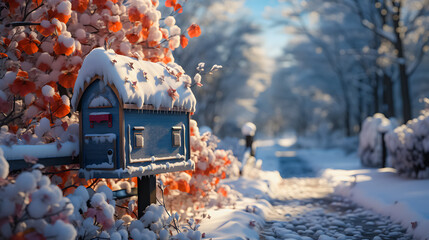 The mailbox is covered with snow. Frosty winter weather. Christmas time for sending letters. Snow-covered forest in the background. Generative AI - obrazy, fototapety, plakaty