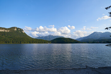 Great view of Dead Mountain above Altaussee lake. Dramatic and picturesque scene. Popular tourist attraction. Location place Austria alps, Altaussee, Europe.