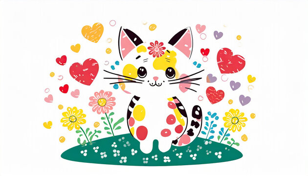 Kitten digital art with flowers and hearts. Generative AI