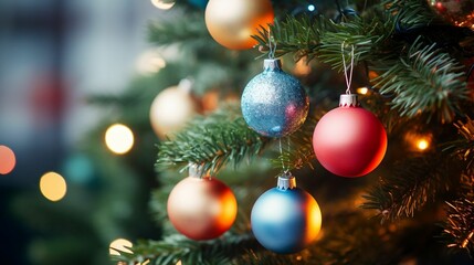 Fototapeta na wymiar A joyful Christmas tree adorned with colorful ornaments 