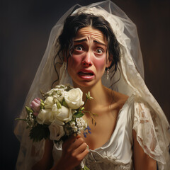 portrait of a bride - An ugly crying bride shot from 3/ 4 profile, holding a beautiful bouquet. She has an asymetric face, droopy eyes, very dry hair and a crooked nose