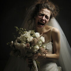 portrait of a bride - An ugly crying bride shot from 3/ 4 profile, holding a beautiful bouquet. She has an asymetric face, droopy eyes, very dry hair and a crooked nose