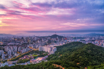 South Korea landscape and Beautiful morning Seoul skyline View of the N Seoul Tower in Seoul, South Korea.