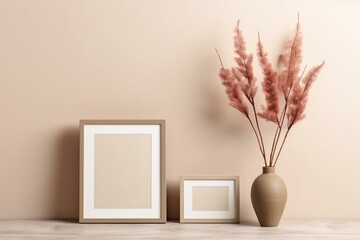 Neutral interior mockup with wooden frames and dried flowers vase on beige background. 3D render. Generative AI