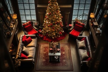 Naklejka premium Rich Home Overhead View Celebrating Holiday Season Backdrop Generative AI