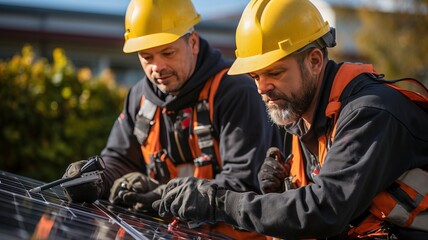 technicians installing a solar panel on a roof, generative ai - obrazy, fototapety, plakaty