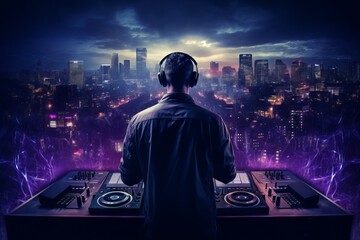 Dj at Music Event. Picture of The Man. Dramatic Cityscapes, Dark Poster.