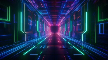 Cyberpunk neon light tunnel. Neon green and blue light rays.