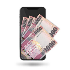 3d Illustration of South Sudanese pound notes inside mobile phone