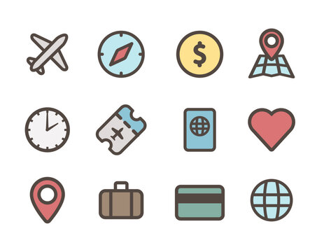Travel icon set. Flat vector illustration. Isolated on white background.