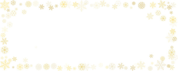 Christmas snowflakes corner background. Winter gold snow frame minimal decoration, greeting card. Noel subtle backdrop. Vector illustration