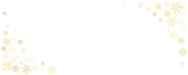 Christmas snowflakes corner background. Winter gold snow frame minimal decoration, greeting card. Noel subtle backdrop. Vector illustration