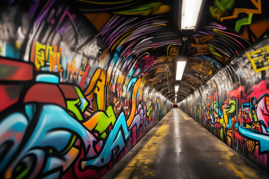 Metro Empty Subway Tube Graffiti Wall Underground Urban Passage Transportation Public City Spray Paint Illustration