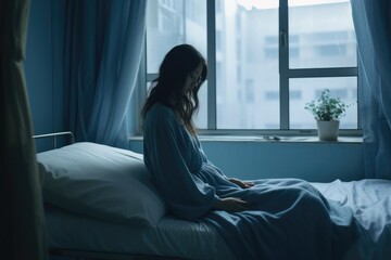 Fototapeta premium Solitude and Strength: A Woman Faces Illness Alone in the Hospital Room, Embracing Resilience and Healing