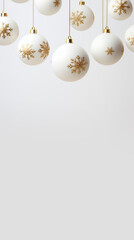 Christmas composition. White and golden Christmas balls decoration hanging isolated on white background. Flat lay, top view, copy space. Generative AI.