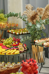 Catering buffet table with snacks and appetizers. Set of varios fruits and berries. Decorative vase
