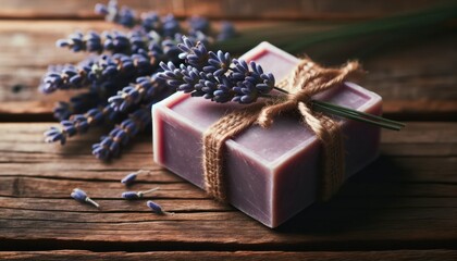 Obraz na płótnie Canvas Close-up photo of fresh lavender branches and soap.
