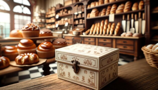 Close-up photo of a single elegant bakery box, its vintage cream surface adorned with delicate patterns, set against a backdrop of a vintage bakery