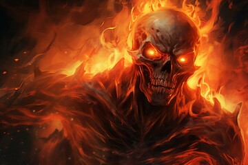 Digital painting depiction of terrifying skeleton demon engulfed in flames. Generative AI