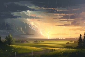 An illustration of a thunderstorm during the summer. Generative AI