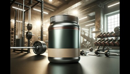 Close-up shot of modern protein powder jars in distinctive gym steel and protein beige design...