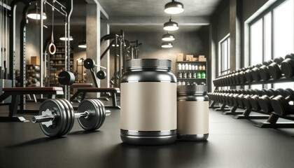 Wide photo of blank modern protein powder jars prominently placed in the foreground, adopting a gym steel and protein beige color scheme. - obrazy, fototapety, plakaty