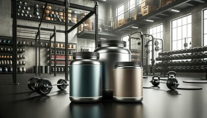 A wide photograph showcasing blank modern protein powder jars colored in gym steel and protein beige, standing out against the backdrop of a gym setting
