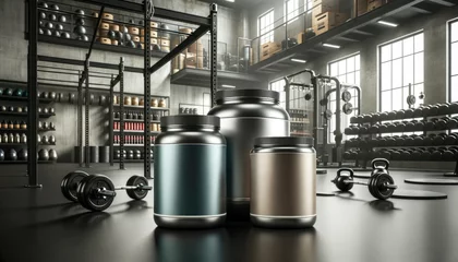 Papier Peint photo Lavable Fitness A wide photograph showcasing blank modern protein powder jars colored in gym steel and protein beige, standing out against the backdrop of a gym setting