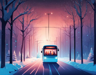 Obraz premium Electric bus driving at night in winter copy space