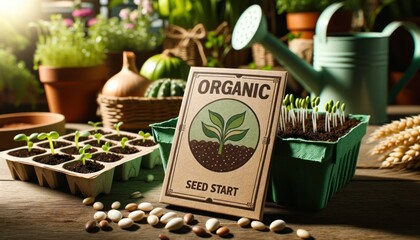 Close-up photo of blank organic seed packets prominently displayed in the foreground, featuring a garden green and soil brown color palette.