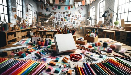 Wide photo of blank colorful stationery packaging prominently displayed in the foreground, showcasing a vibrant color burst palette.