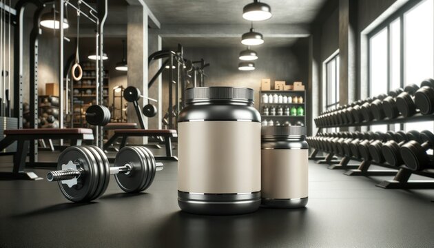 Wide photo of blank modern protein powder jars prominently placed in the foreground, adopting a gym steel and protein beige color scheme.