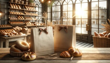 Close-up photo of blank artisanal bakery bags prominently displayed in the foreground, adopting a bakery brown and morning sun color palette.