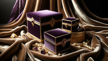 Close-up photo of blank elegant jewelry boxes prominently displayed in the foreground, adopting a royal purple and gold accent color palette.