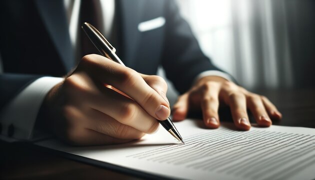 Close-up photo of a businessman's hand, poised to strike a deal, placing a signature on a crucial business contract.
